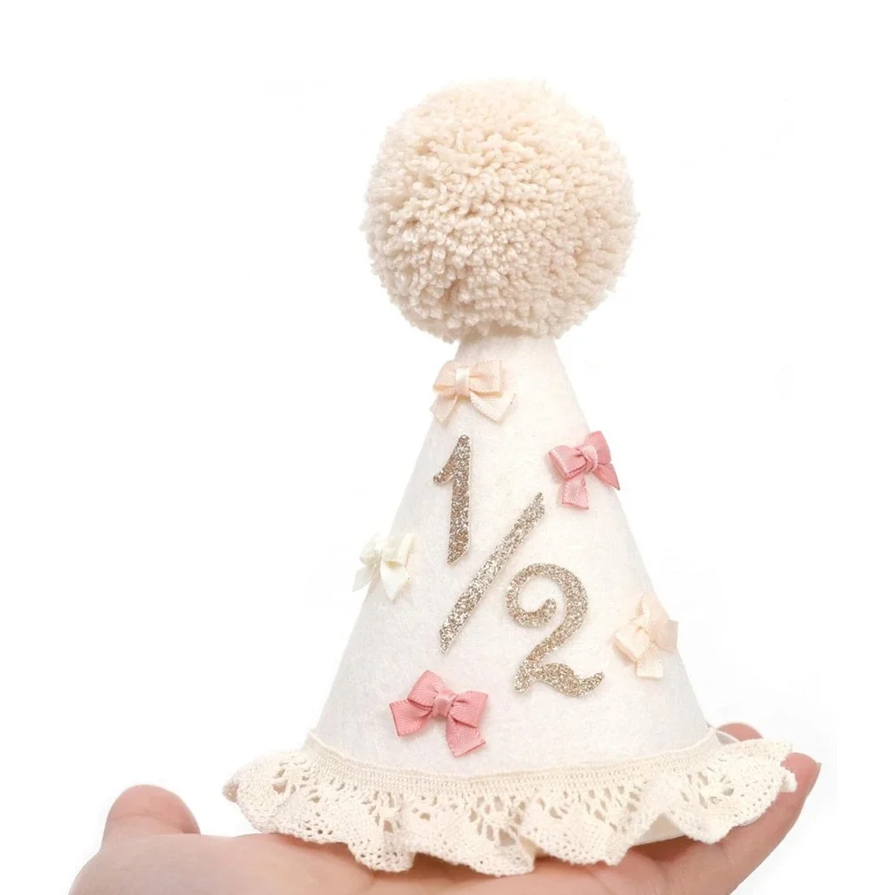 1/2 Half Birthday Party Hat Baby Pink Cream 6 Months Lace Bows Pom Pom Princess
